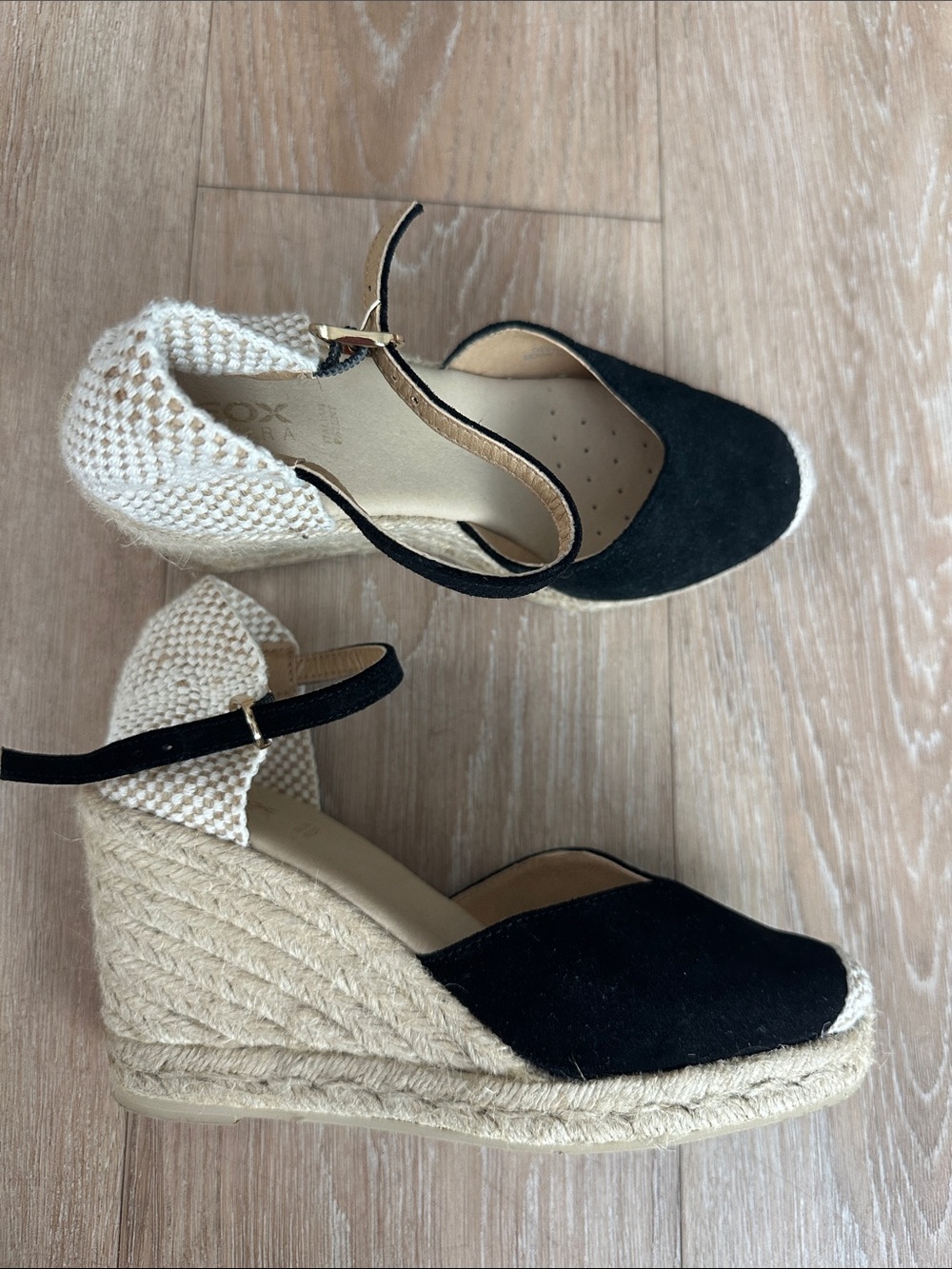 Black GEOX Espadrille Wedge Sandals with Cream Knit Heel - size 37